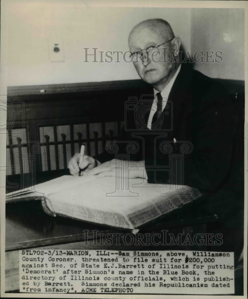 1947 Press Photo Sam Simmons Williamson county Illinois coroner - nep02725