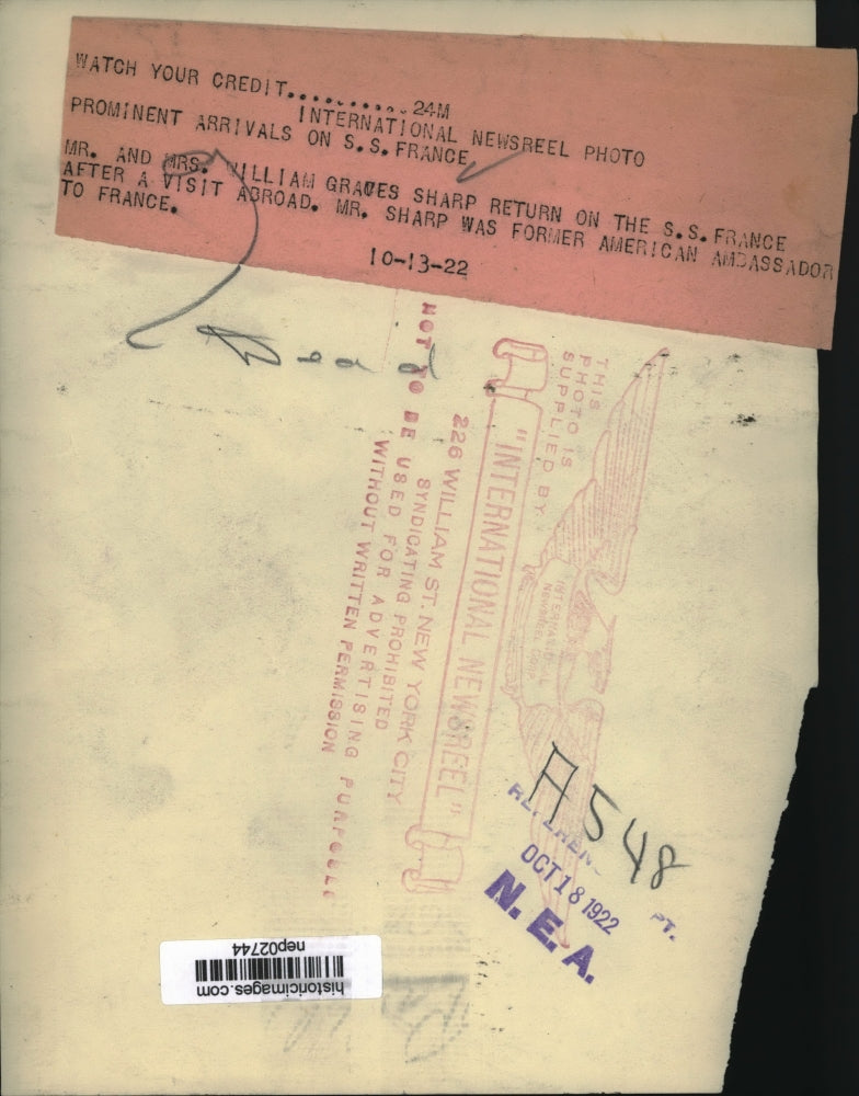 1922 Press Photo Mr & Mrs William Graves Sharp arrive in US on SS France