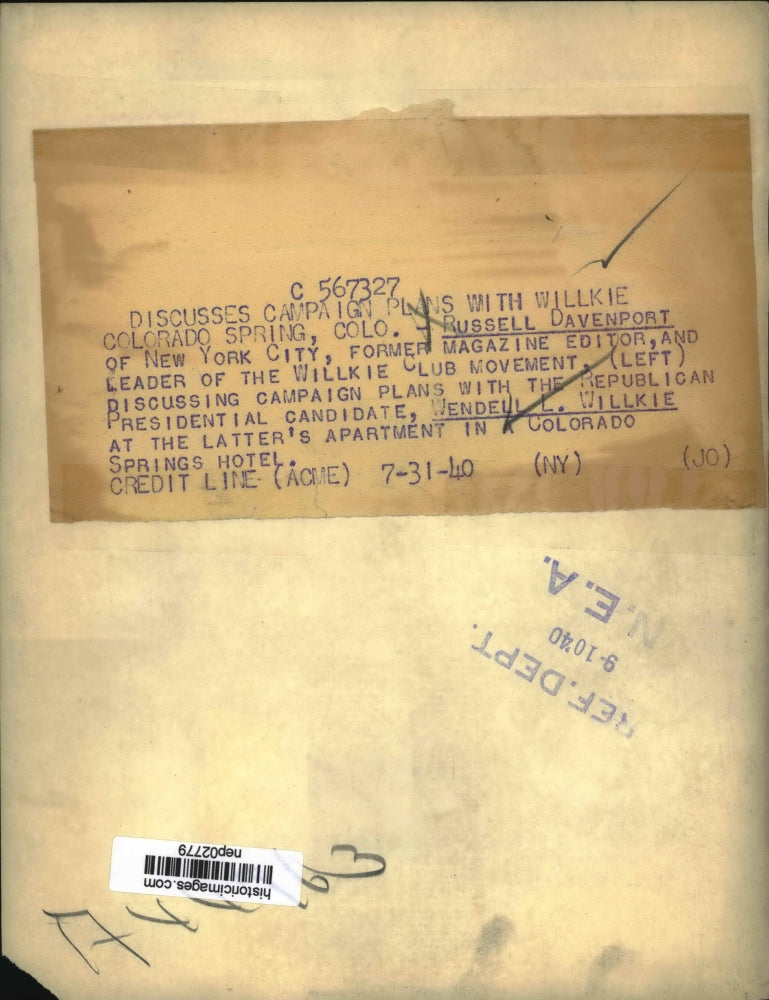 1940 Press Photo GOP President candidate Wendell Willkie & Russell Davenport