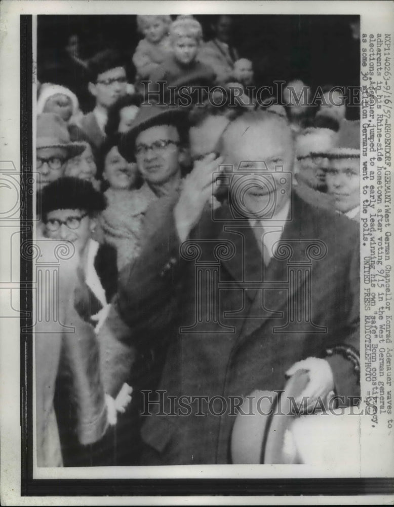 Load image into Gallery viewer, 1957 Press Photo West German Chancellor Konrad Adenauer at voting place
