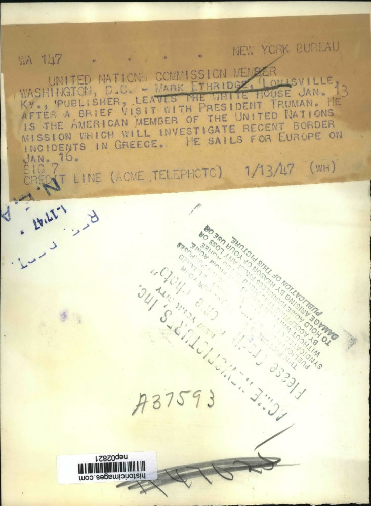 1947 Press Photo Mark Etheridge KY publisher at White House to see Truman