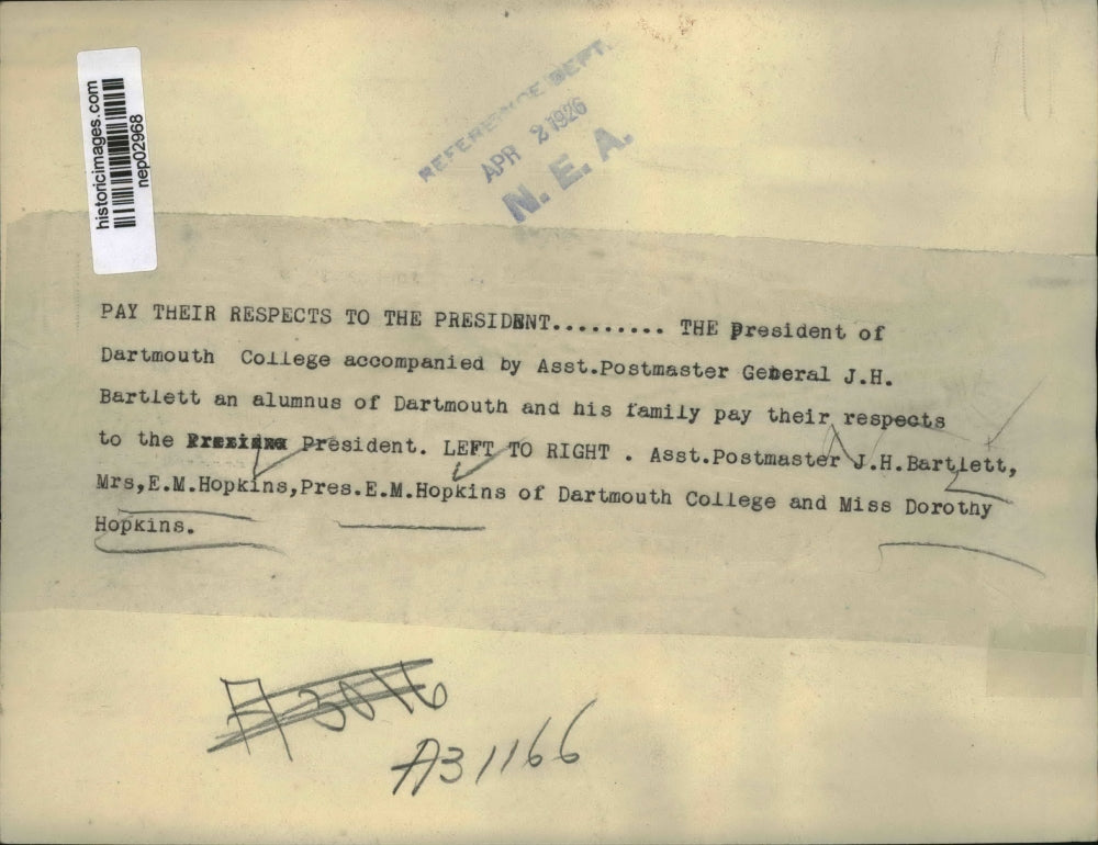 1926 Press Photo Dartmouth president EM Hopkins, Asst Postmaster Gen Bartlett