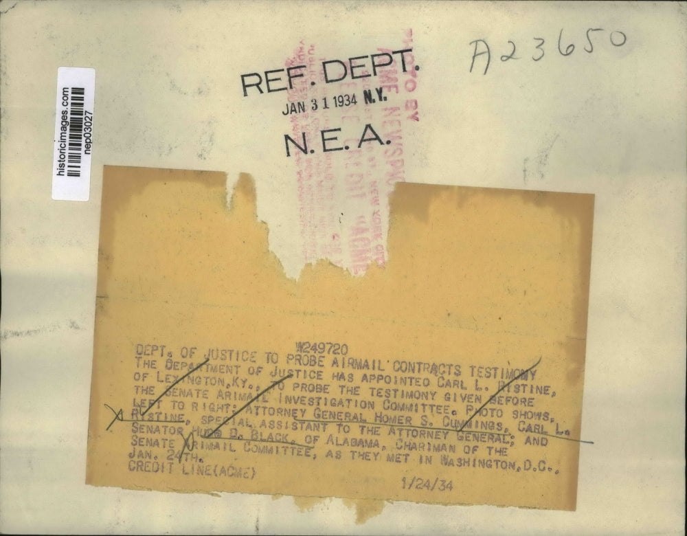 1934 Press Photo Dept of Justice Airmail probe Atty Gen HS Cummings, CL Ristine