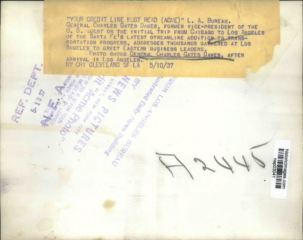 1937 Press Photo General Charles Gates Dawes former US VP in LA - nep03041