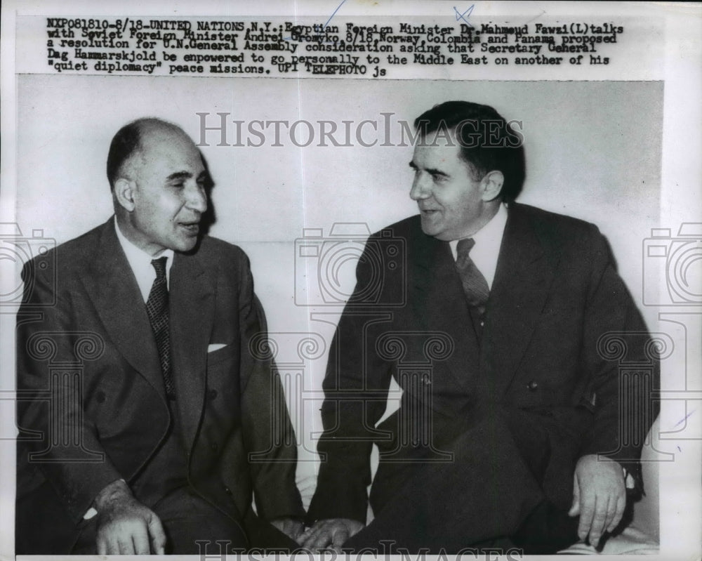 1958 Press Photo Egyptian Minister Dr Mahmoud Fawzi, Soviet Andrei Gromyko