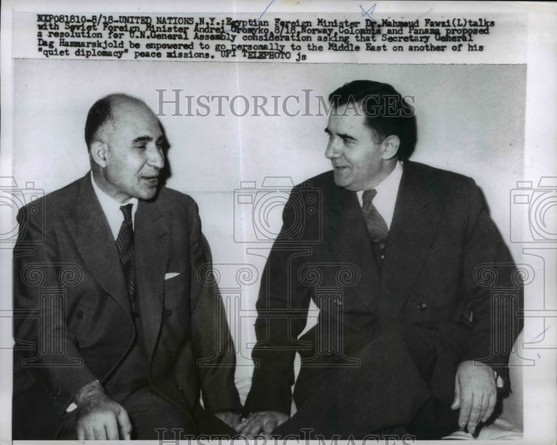 Load image into Gallery viewer, 1958 Press Photo Egyptian Minister Dr Mahmoud Fawzi, Soviet Andrei Gromyko
