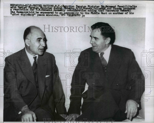 1958 Press Photo Egyptian Minister Dr Mahmoud Fawzi, Soviet Andrei Gromyko