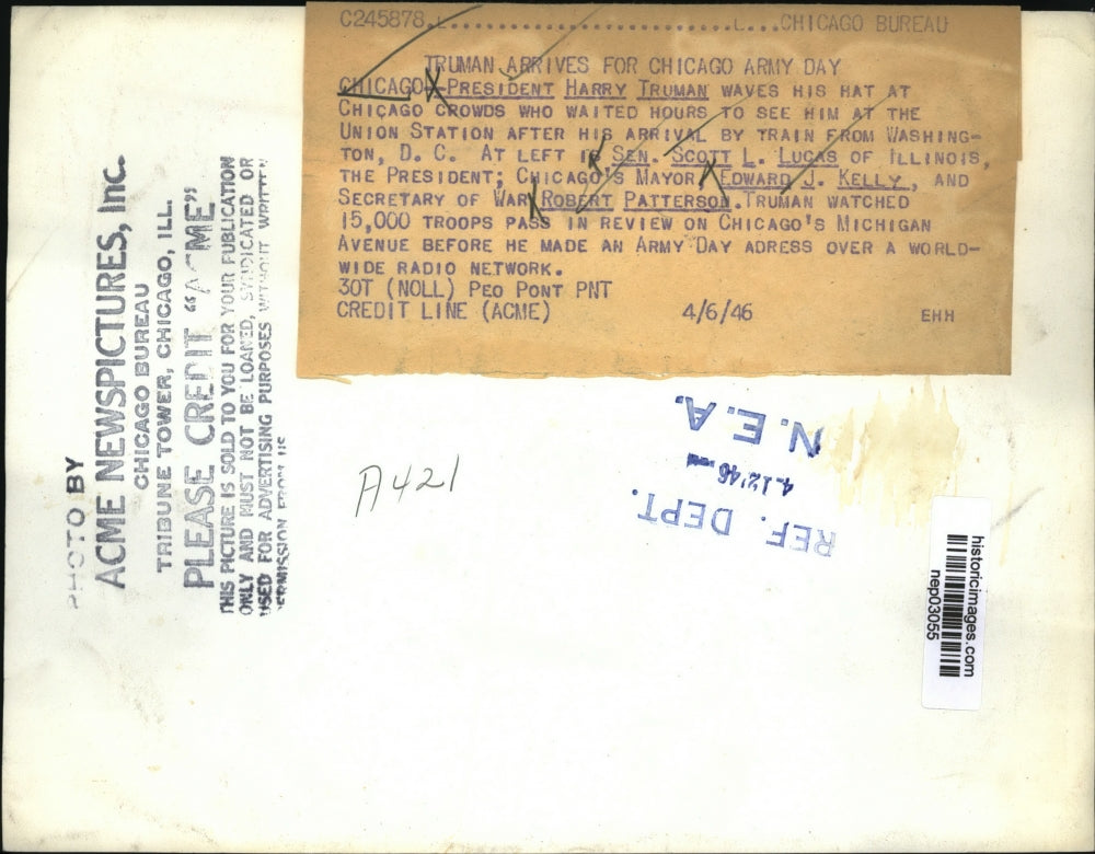 1946 Press Photo President Harry Truman, Sen Scott Lucas of Ill, Chicago Mayor