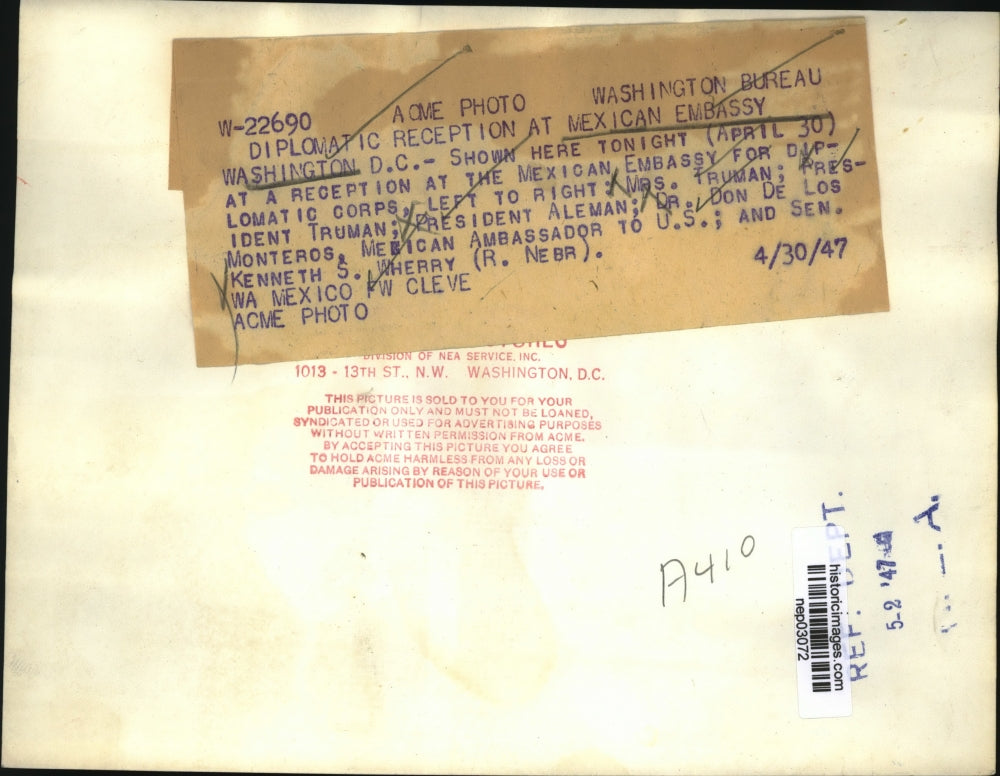 1947 Press Photo President & Mrs Truman, Mexican President Aleman - nep03072