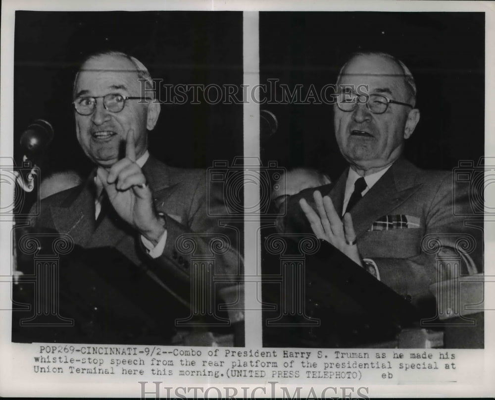 1952 Press Photo President Truman at speech in Cinncinati Ohio - nep03097