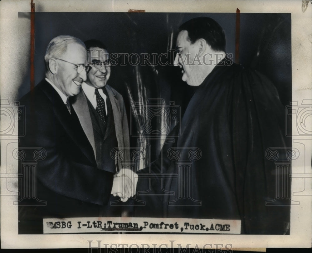 1948 Press Photo President Truman. Gov William Tuck of VA, Dr John Pomfret