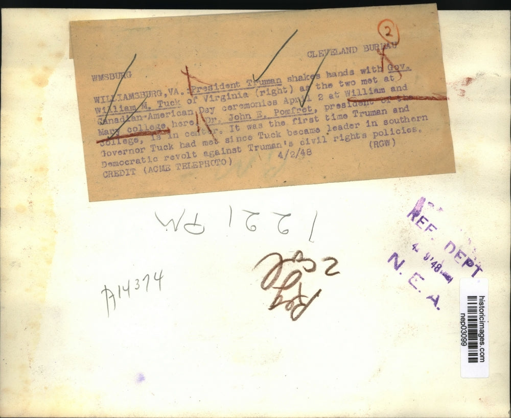 1948 Press Photo President Truman. Gov William Tuck of VA, Dr John Pomfret