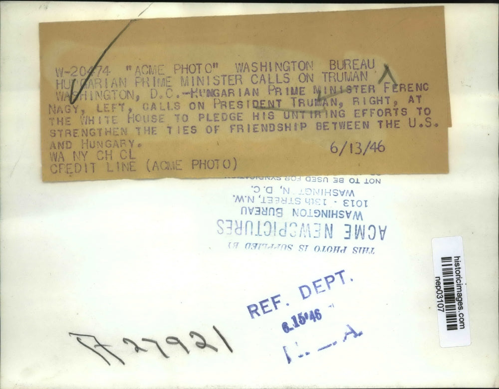 1946 Press Photo President Truman, Hungarian Prime Minister Ferrend Nagy