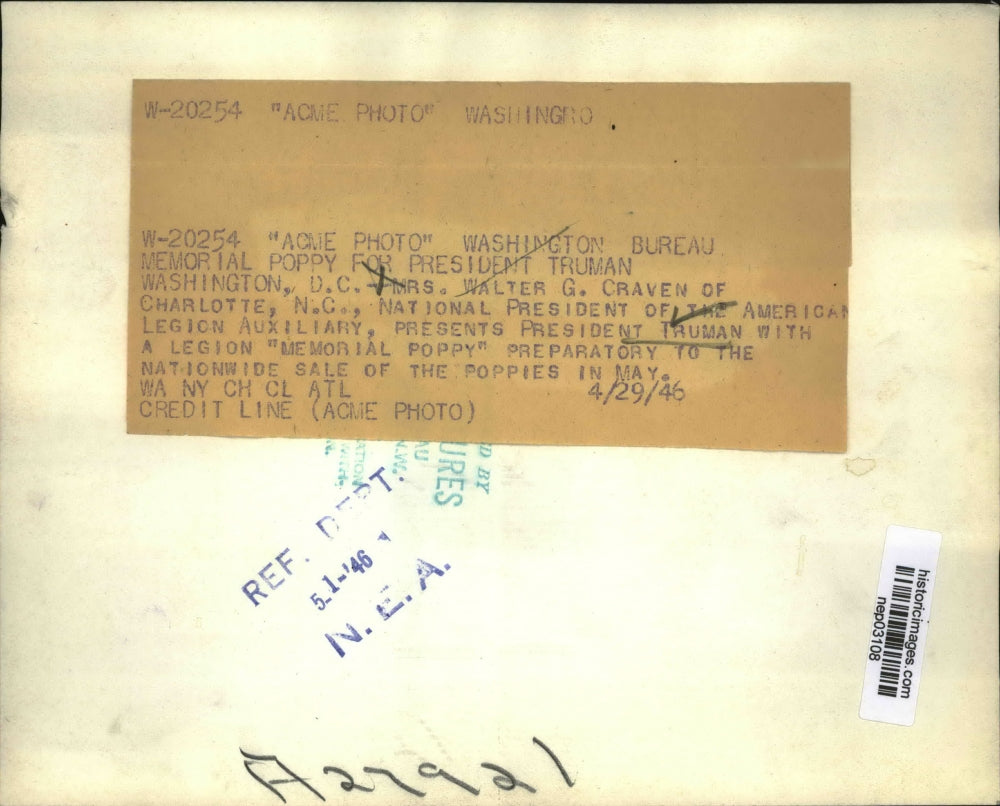 1946 Press Photo President Truman & Mrs Walter G Craven American Legion Aux