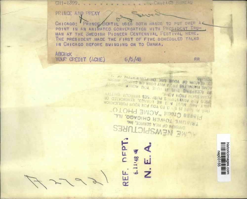 1948 Press Photo President Truman & Prince Bertil at Swedish festival in Chicago