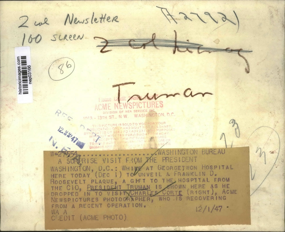 1947 Press Photo President Truman visit to Charles Corte at Georgetown Hospital