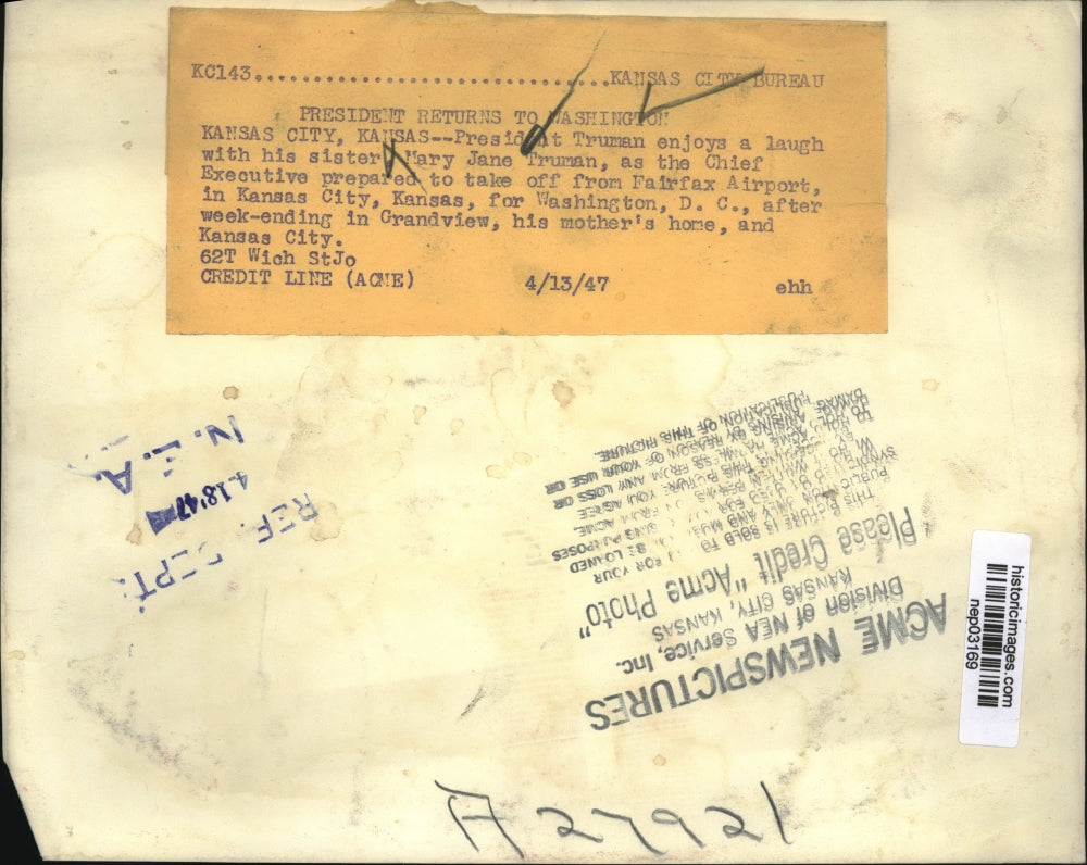 1947 Press Photo President Truman & sister Mary Jane Truman in Kansas City