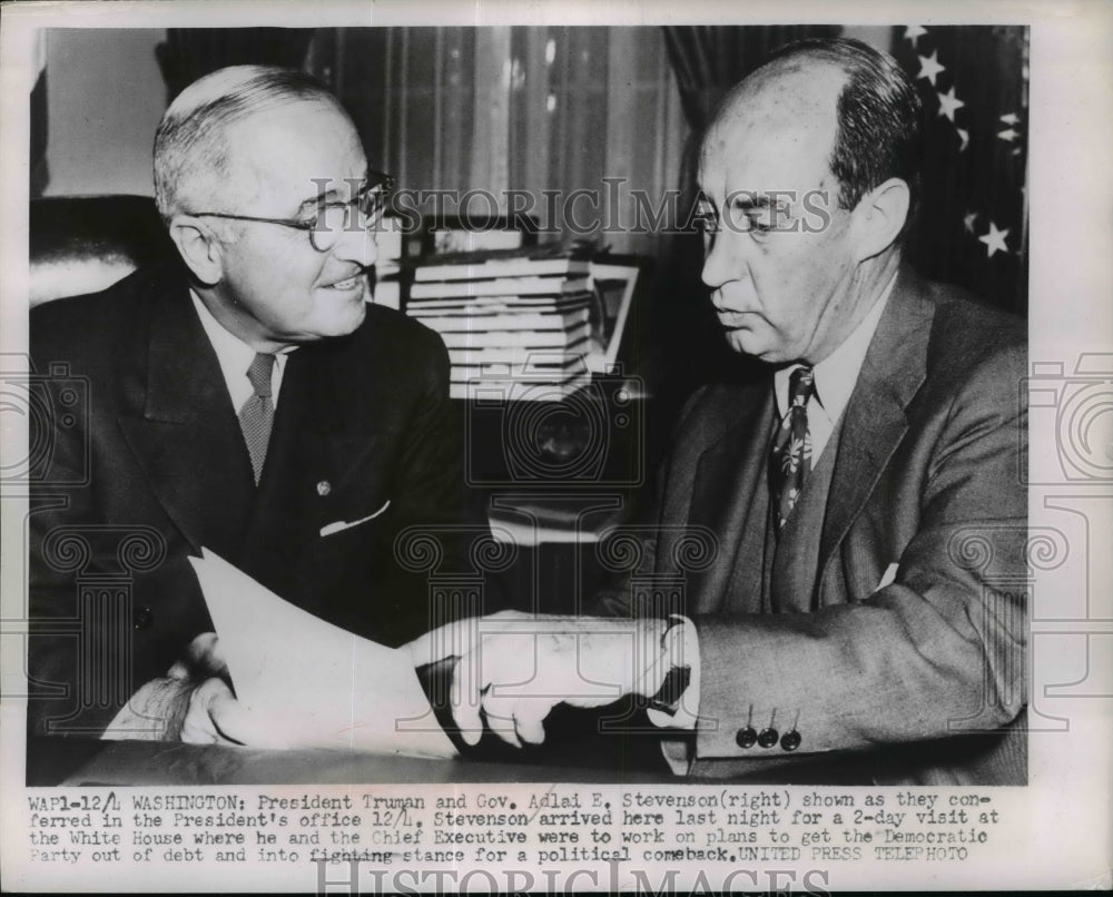 1952 Press Photo President Truman, Ill Governor Adlai Stevenson in DC