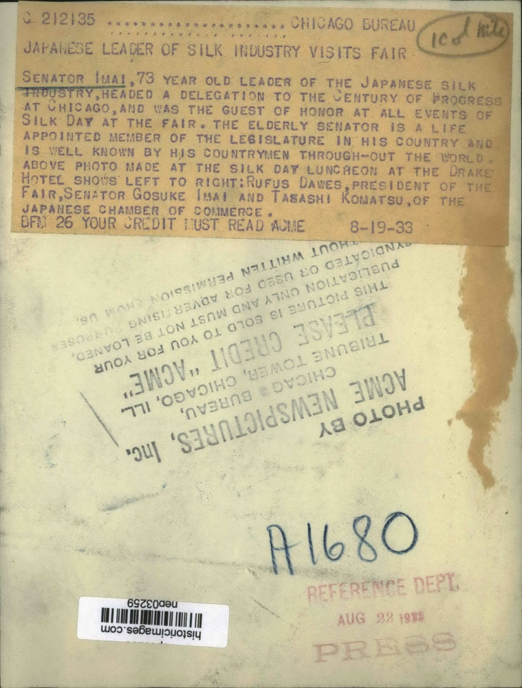 1933 Press Photo Senator Imai of Japan silk firm with Rufus Daweds, T Komatshi