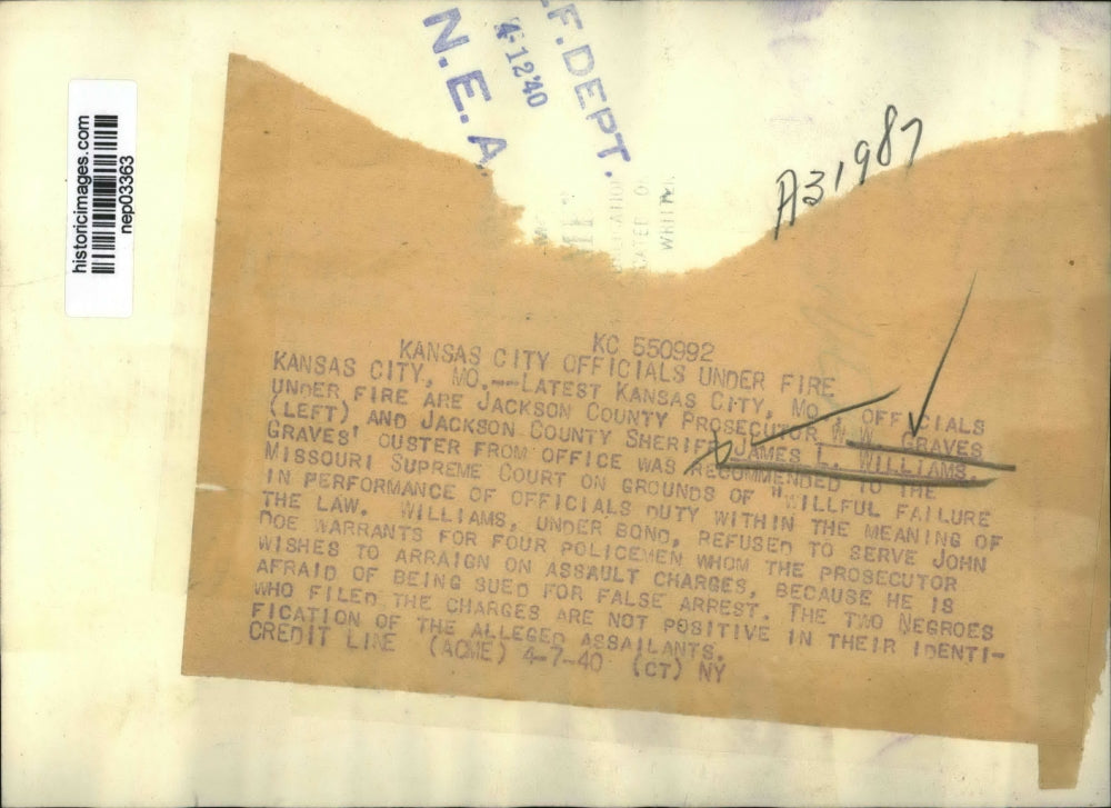 1940 Press Photo Jackson County MO prosecutor WW Graves, Sheriff JL Williams