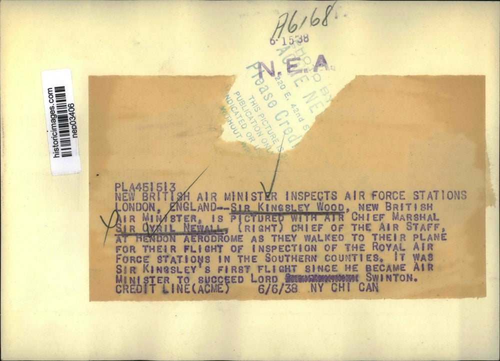 1938 Press Photo British Air Minister Sir Kingsley Wood, Sir Cyril Newall