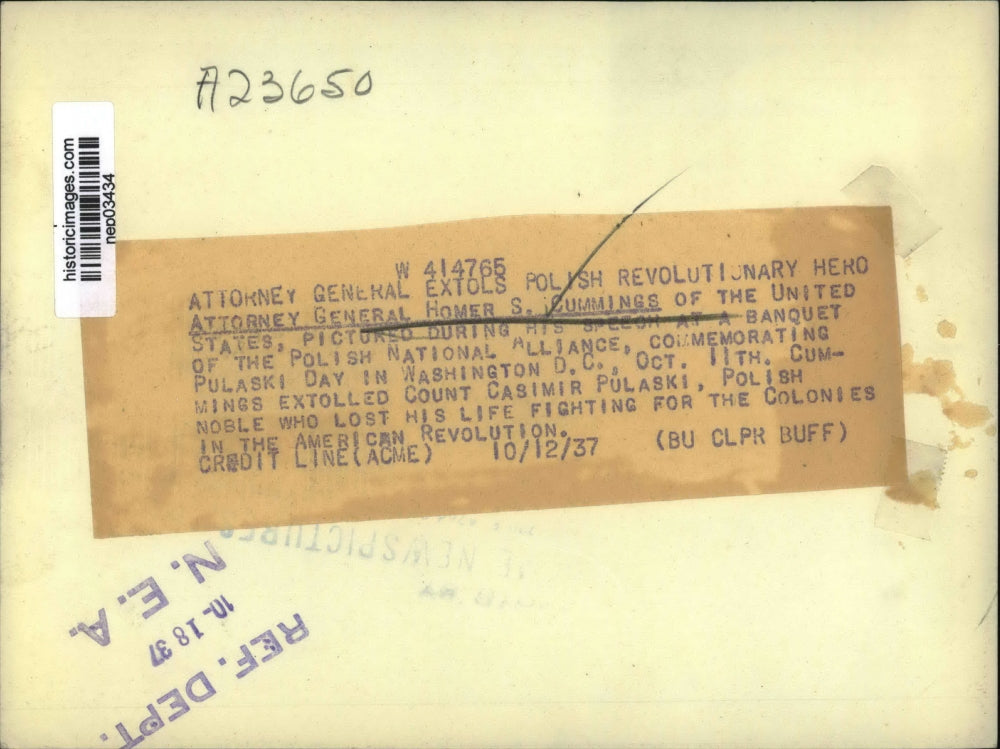 1937 Press Photo Attorney General Homer Cummings at a banquet in DC - nep03434