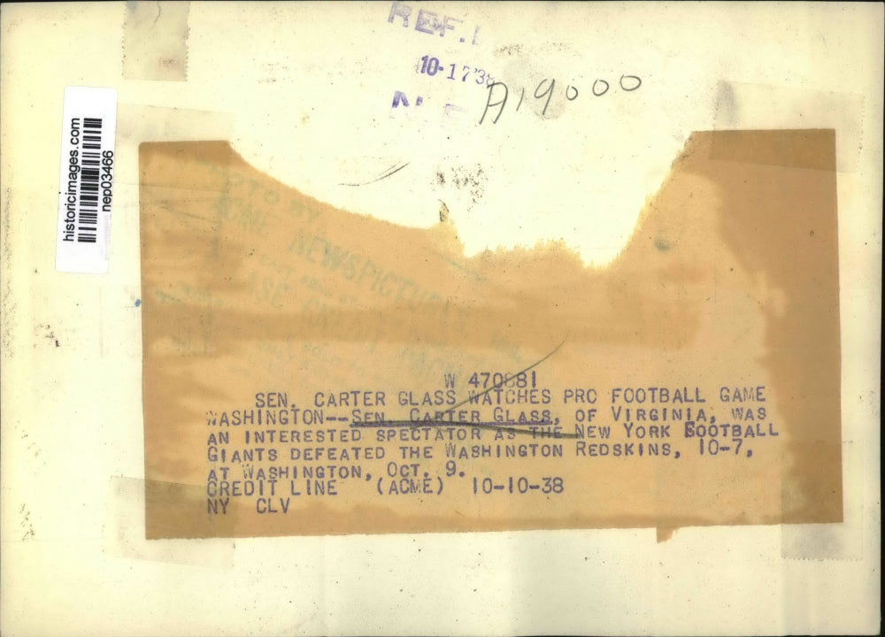 1938 Press Photo Virginia Senator Carter Glass at football game - nep03466