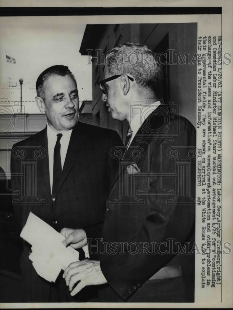 Load image into Gallery viewer, 1961 Press Photo Labor Secretary Arthur Oledberg &amp; Labor's Michael Starr
