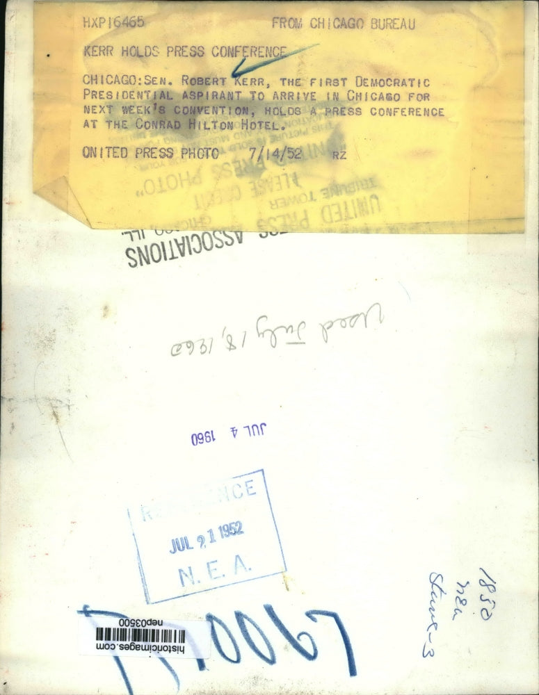 1952 Press Photo Senator Robert Kerr Presidential candidate in Chicago