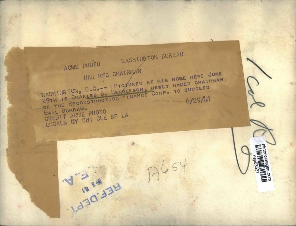 1941 Press Photo Charles B Henderson chairman Reconstruction Finance Corp