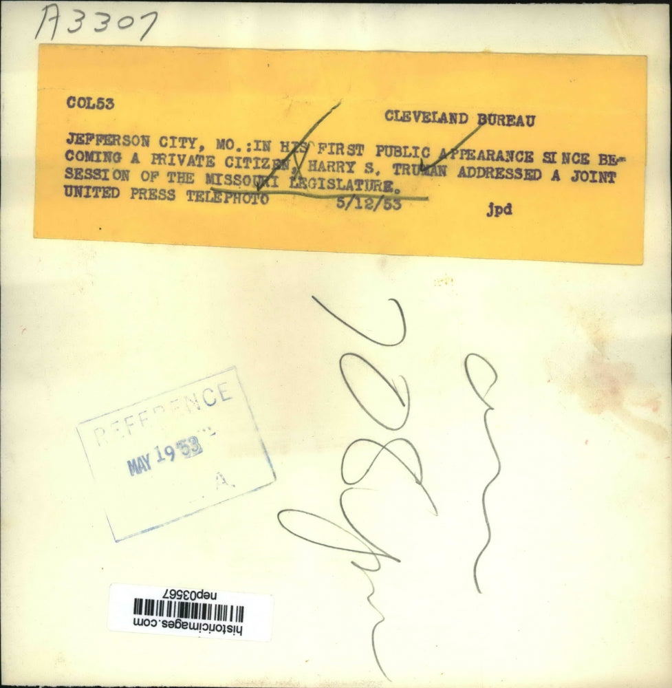 1953 Press Photo Truman addresses a joint session of the Missouri Legislature