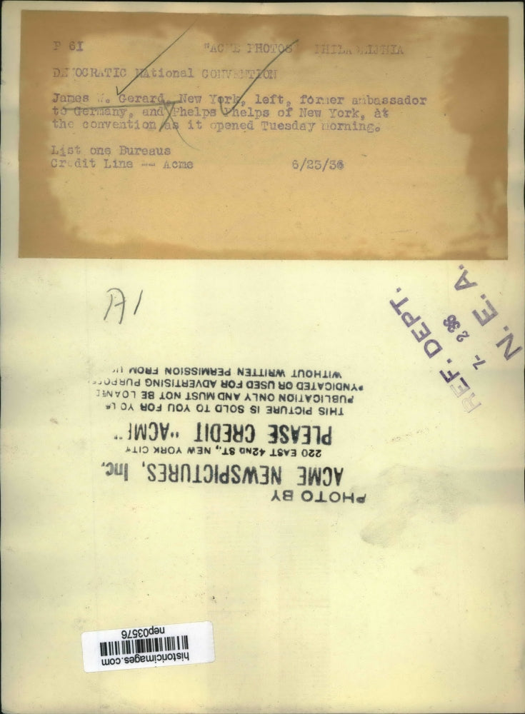 1936 Press Photo Gerard, Phelps at opening of Democratic National Conventio