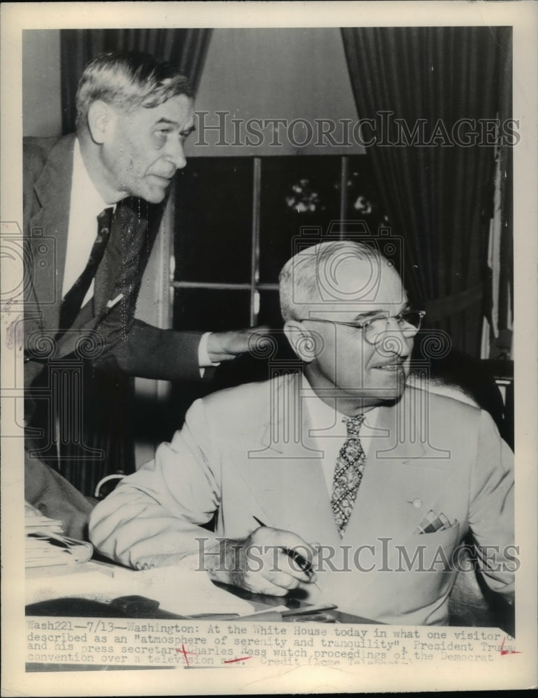 Load image into Gallery viewer, 1948 Press Photo President Truman And Press Secretary Charles Ross - nep03580

