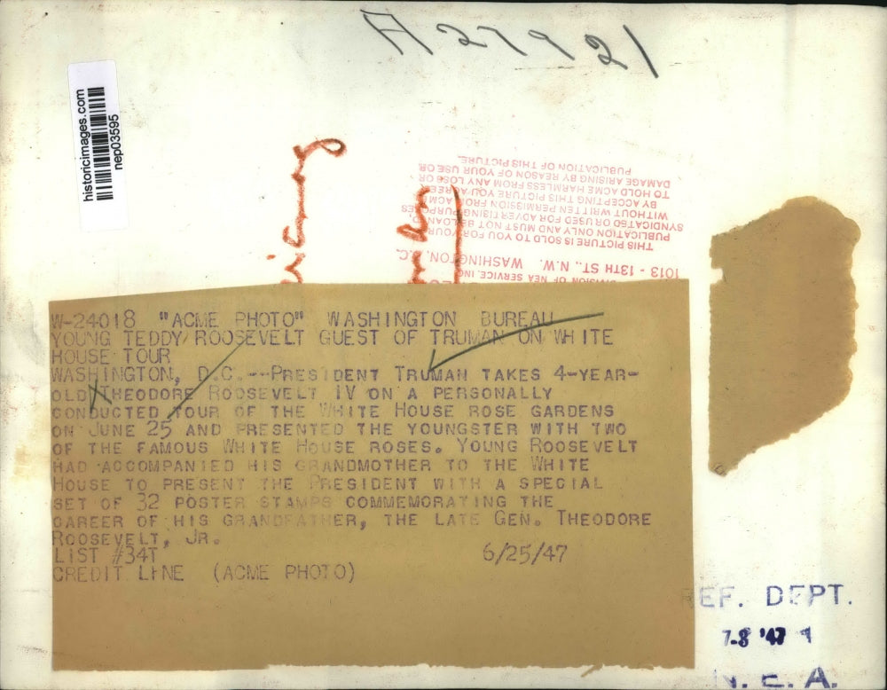 1947 Press Photo President Truman Takes Theodore Roosevelt IV In A Tour