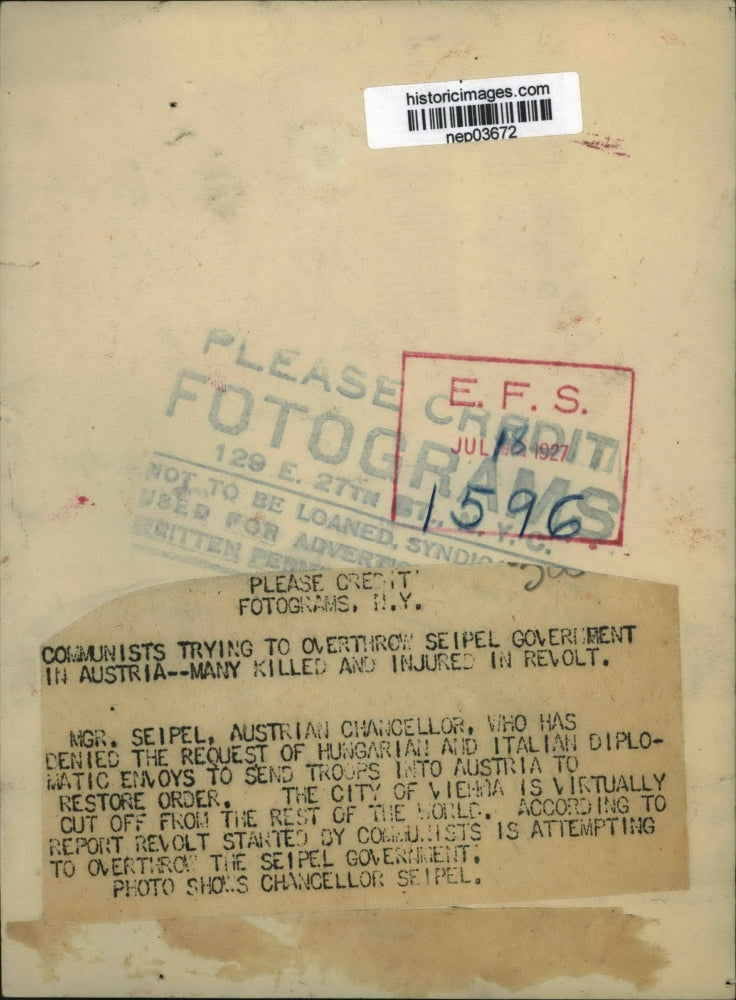 1927 Press Photo Australian Chancellor Mgr. Seipel - nep03672