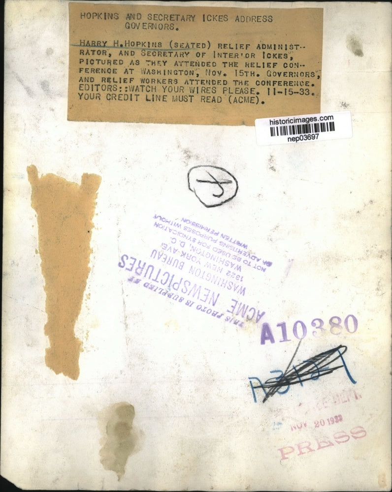 1932 Press Photo Harry Hopkins And Secretary Of Interior Ickes - nep03697