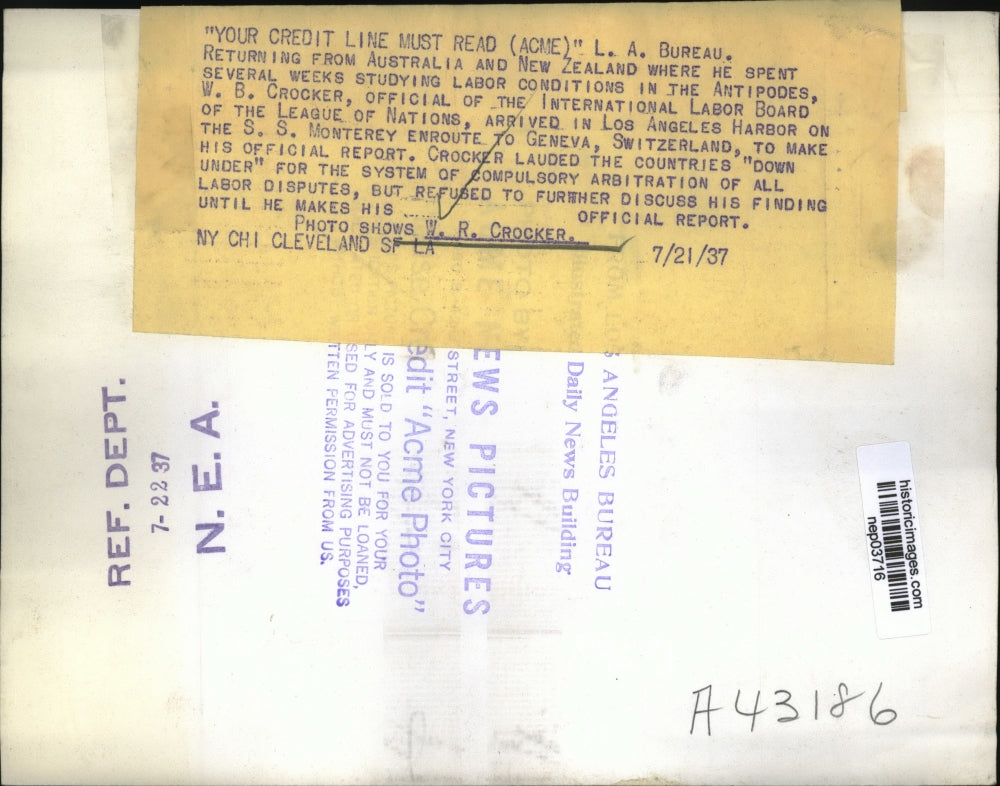 1937 Press Photo W.R. Crocker, Official of the International Labor Board