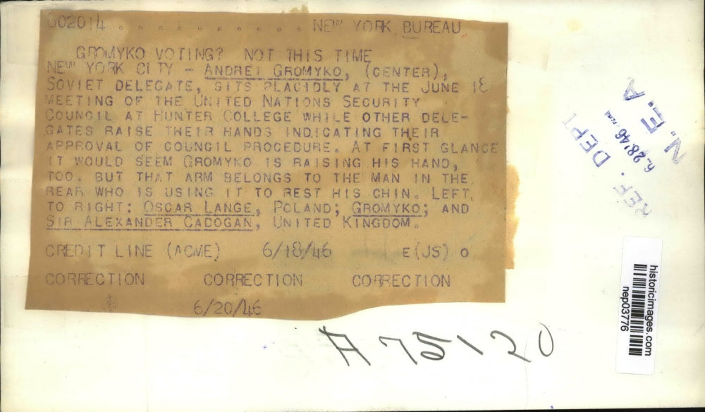 1946 Press Photo Andrei Gromyko sits placidly at Security Council meeting