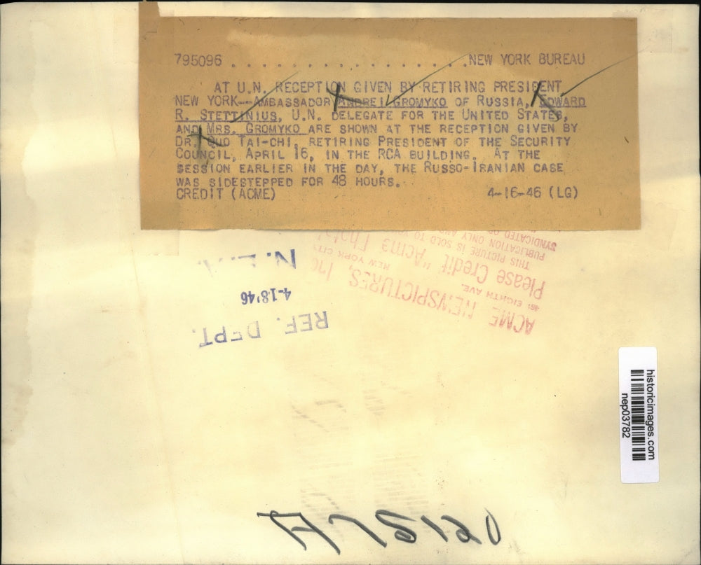 1946 Press Photo Gromyko, Stettinius, Mrs. Gromyko at reception for Dr. Tai-Chi