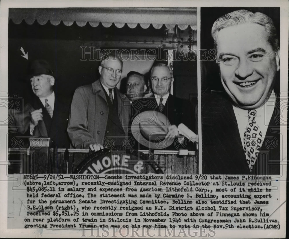 1951 Press Photo Finnegan on platform of train with Sullivan greeting Truman