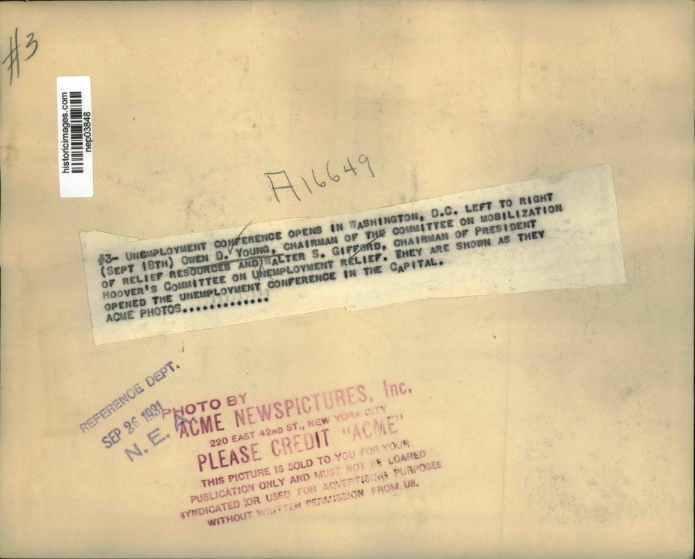 1931 Press Photo Owen D. Young, Walter S. Gifford open unemployment conference