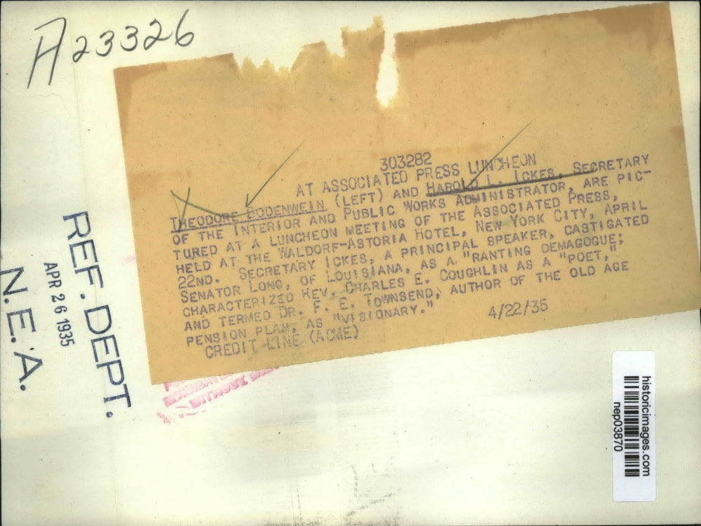 1936 Press Photo Theodore Bodenwein, Harold Ickes at Associated Press luncheon