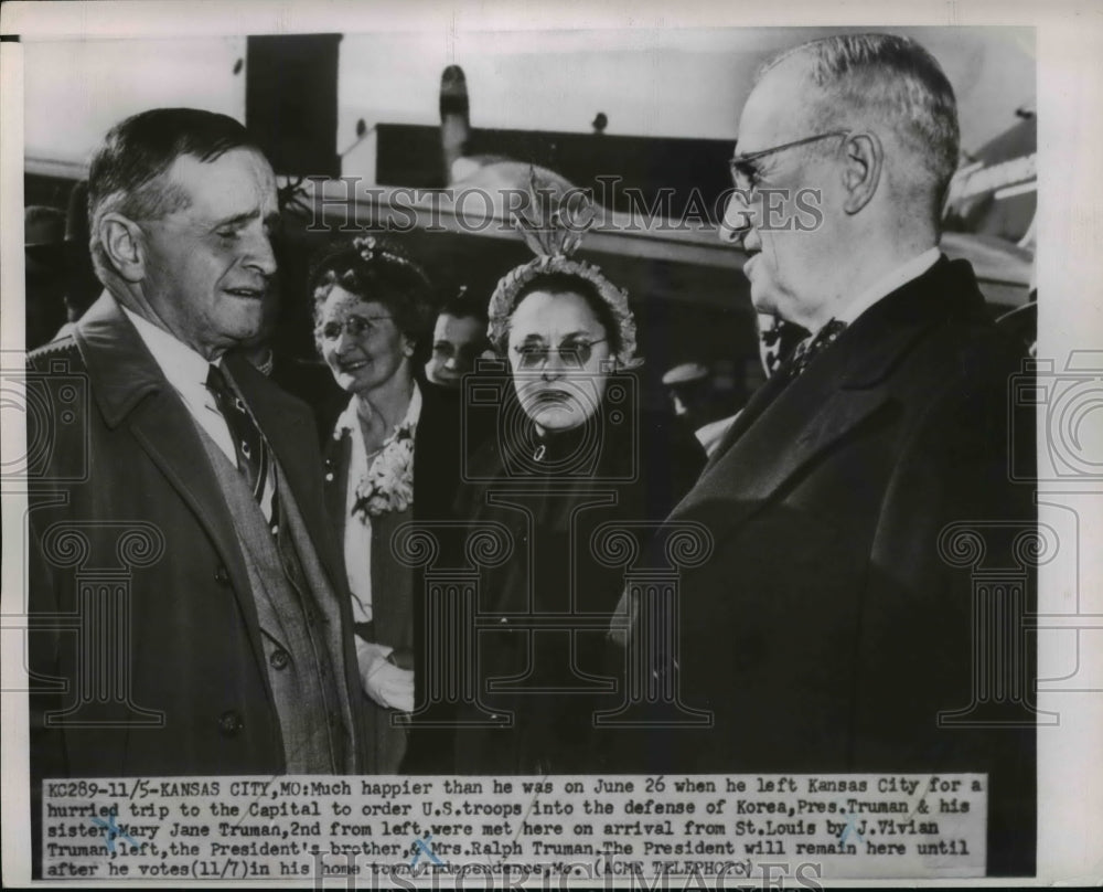 1950 Press Photo President Truman and his wife, sister arrive in Kansas City, MO