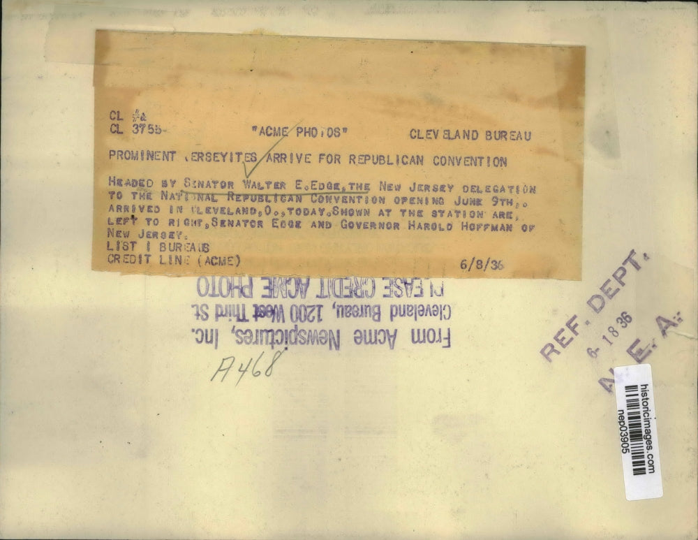 1936 Press Photo Senator Edge, Governor Hoffman arrive for Republican convention