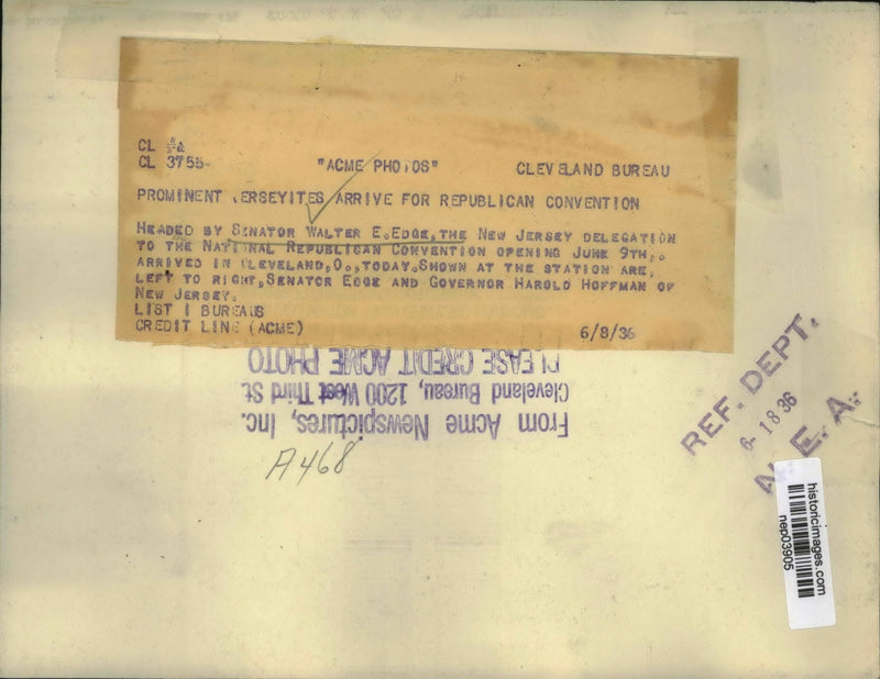 Load image into Gallery viewer, 1936 Press Photo Senator Edge, Governor Hoffman arrive for Republican convention
