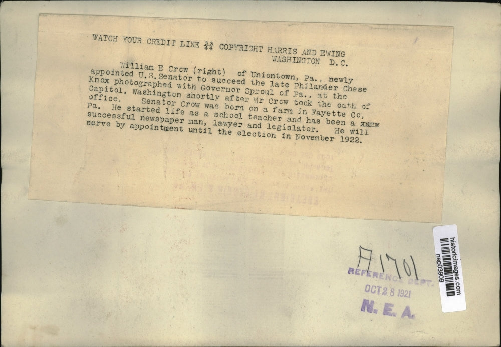 1921 Press Photo William E. Crow, Governor Sproul at the Capitol - nep03909