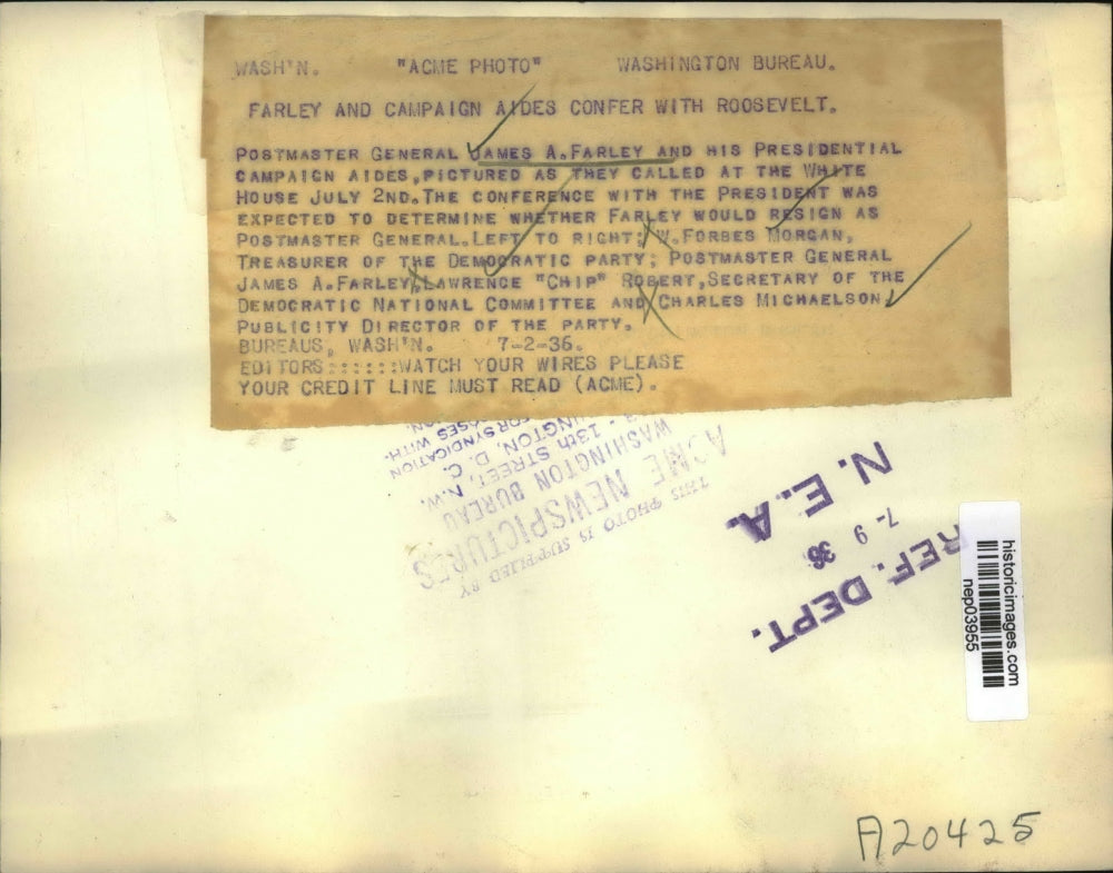 1936 Press Photo James A. Farley and campaign aides confer with Roosevelt