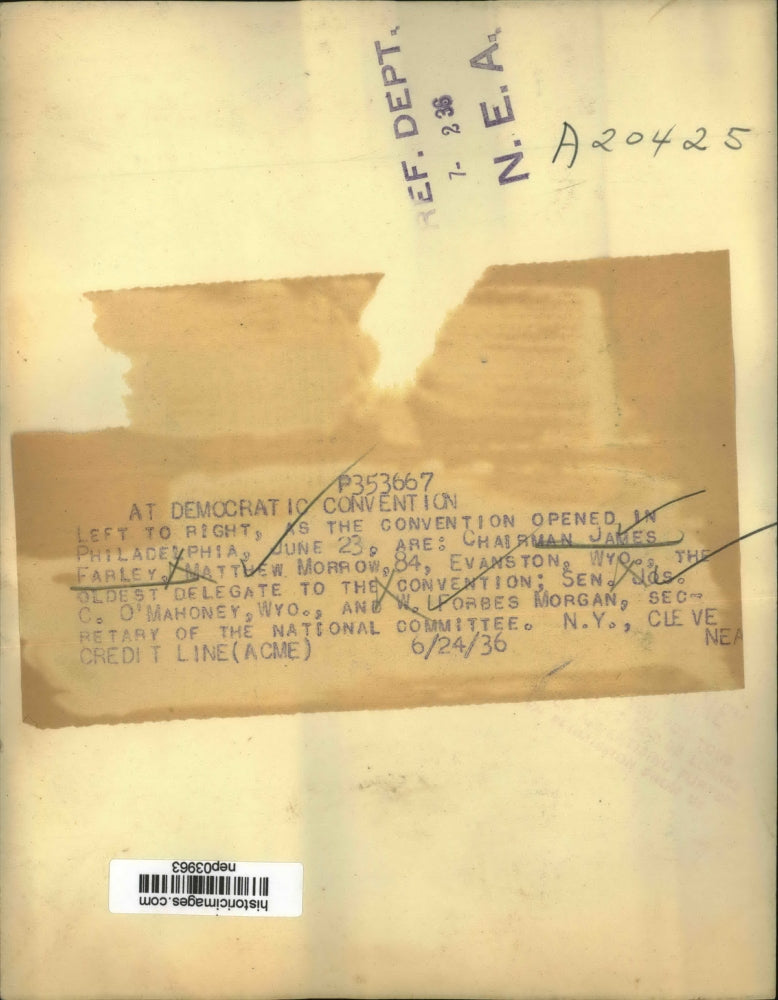 1936 Press Photo Chairman James Farley, Sen. Jos O'Mahoney, And Forbes Morgan