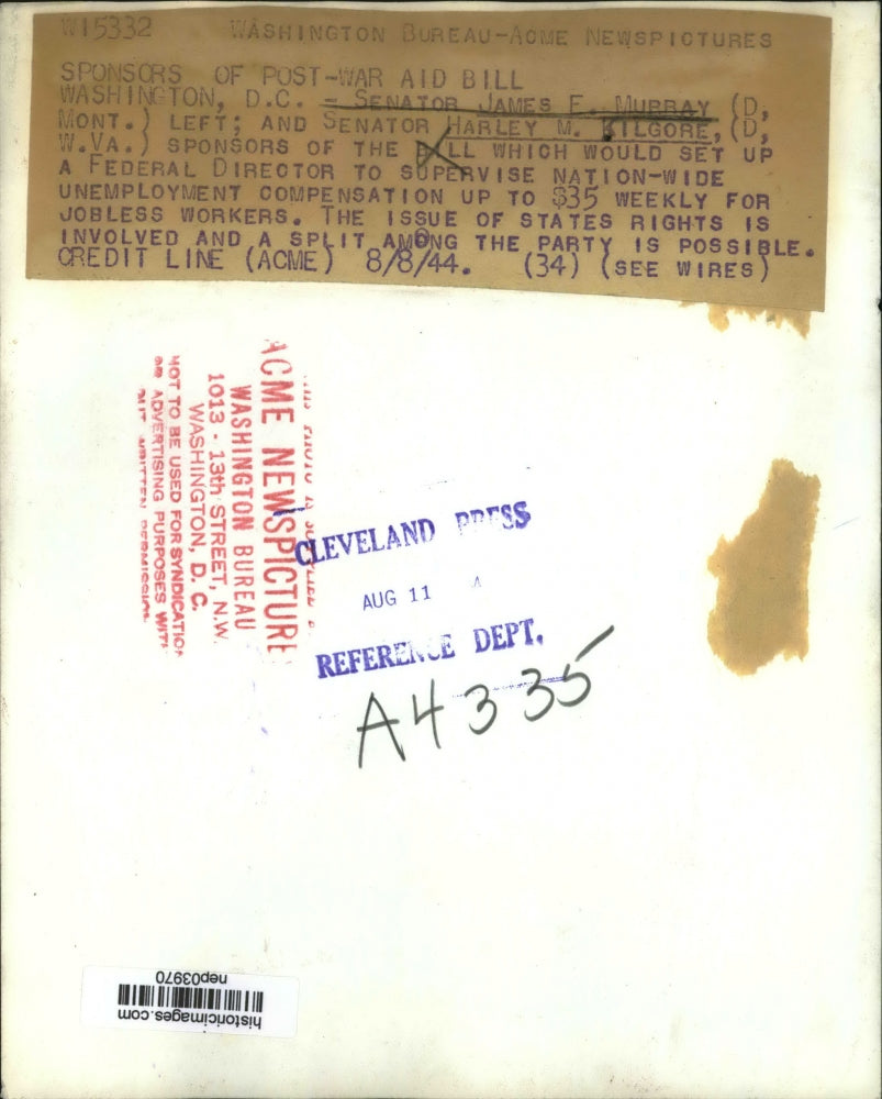 1944 Press Photo Senator James Murray And Senator Harley Kilgore - nep03970