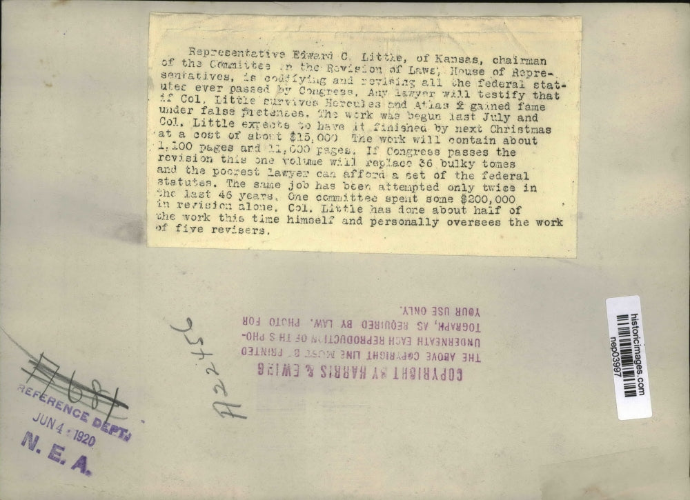 1920 Press Photo Edward C. Little codifying and revising all the federal statues